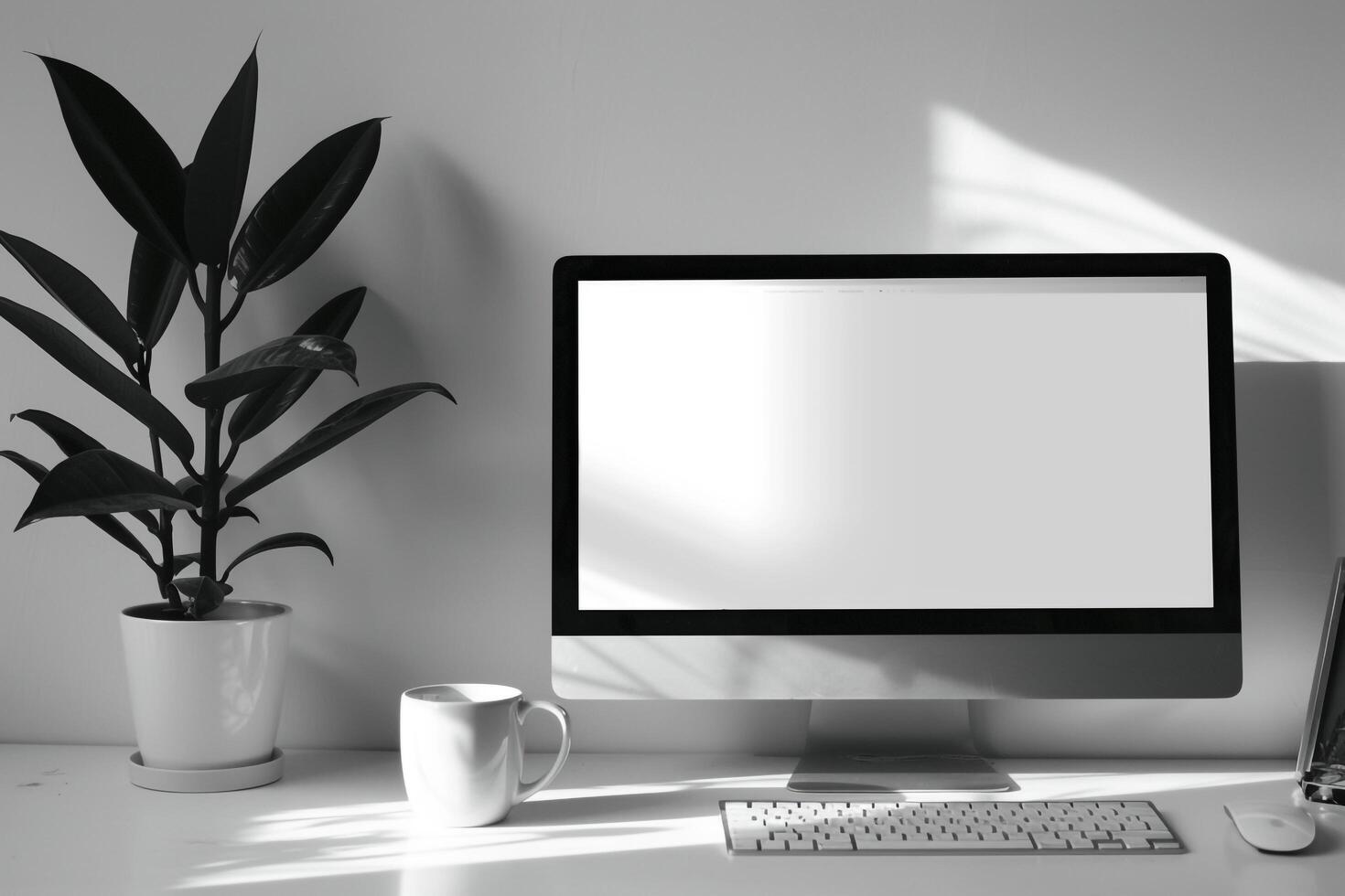 Computer mockup with sticky notes and coffee cup on a white desk showcasing a  and functional workspace background photo