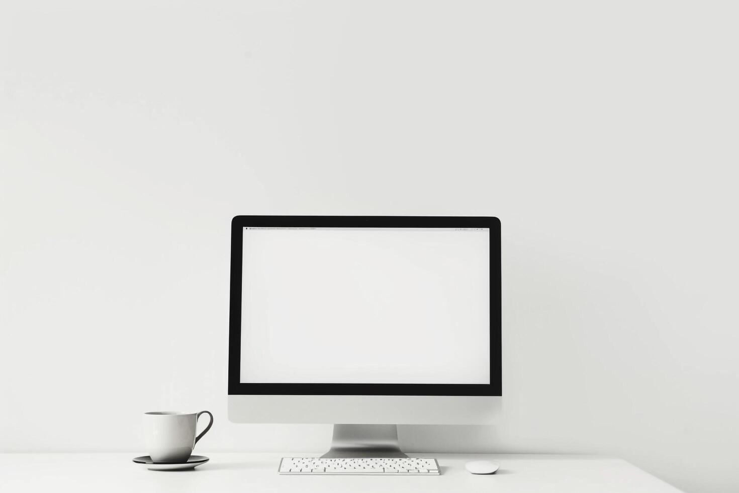 White desk featuring computer mockup sticky notes and coffee cup ideal for a productive and  office environment background photo