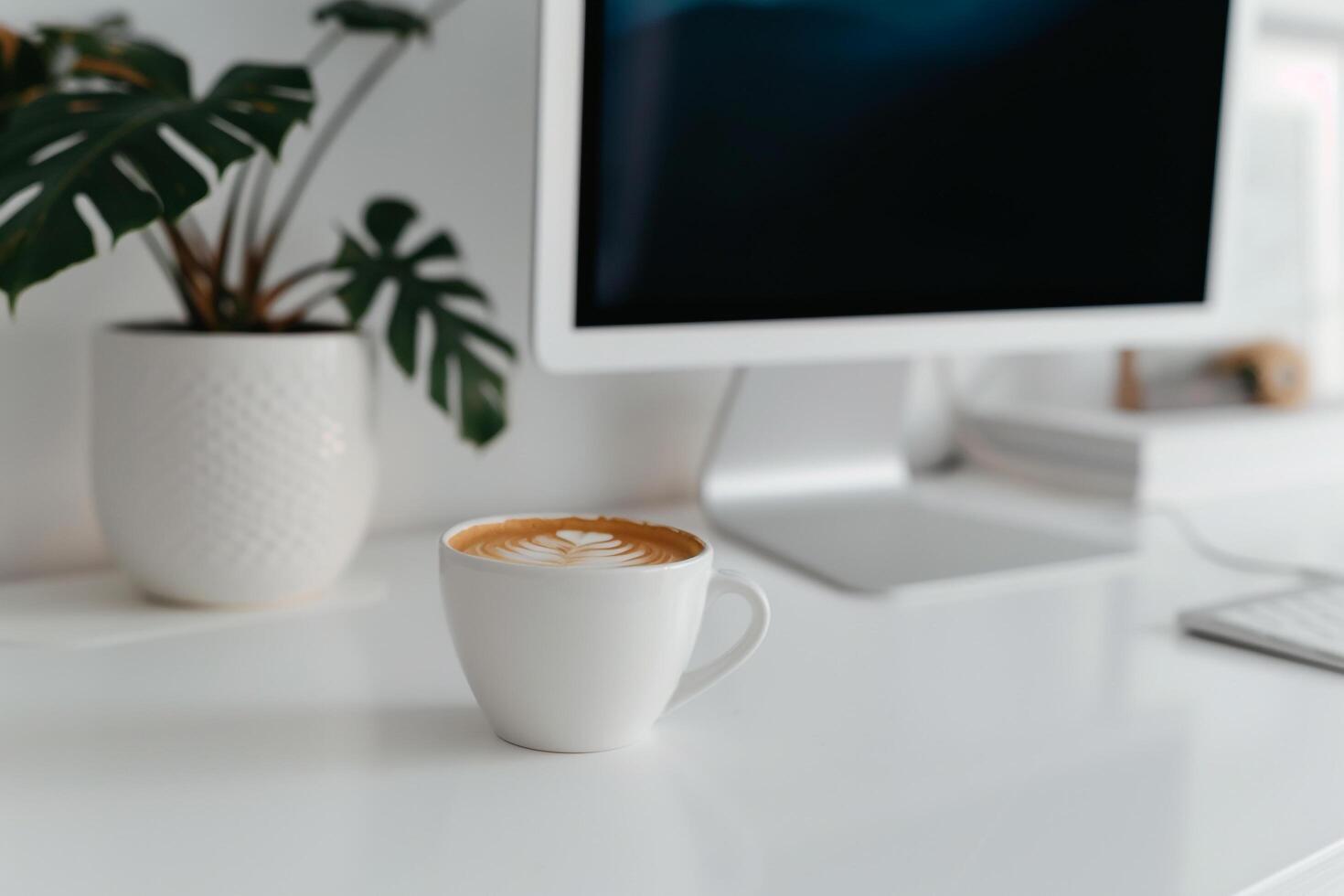 Computer Mockup on White Desk with Coffee Cup   Professional and  Background photo