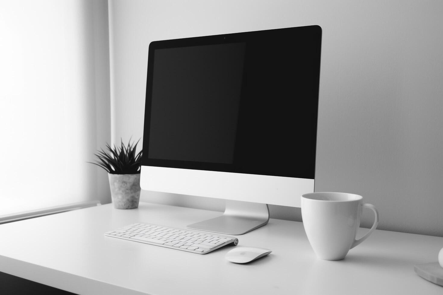 Computer Mockup on White Desk with Coffee Cup   Professional and  Background photo