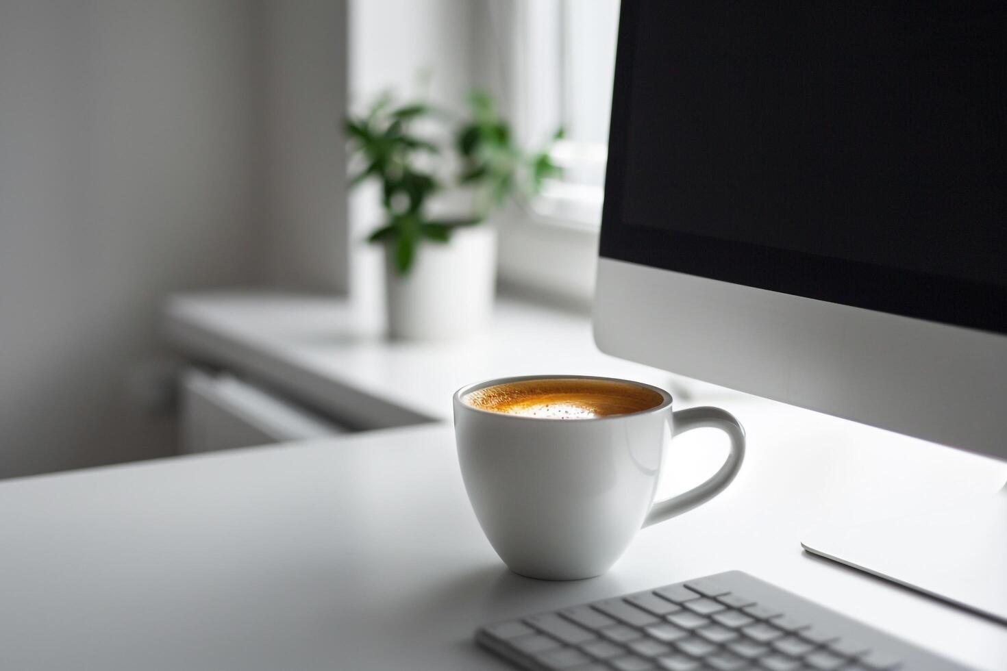 Computer Mockup on White Desk with Coffee Cup    and Effective Background photo