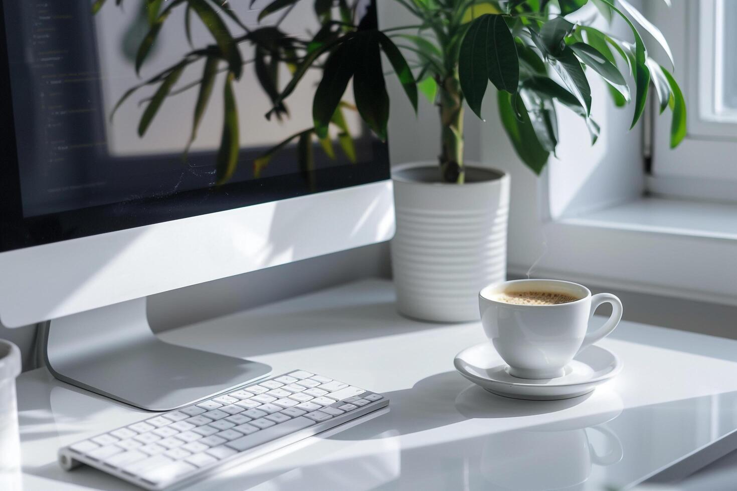 Computer Mockup on White Desk with Coffee Cup   Stylish and Organized Workspace Background photo