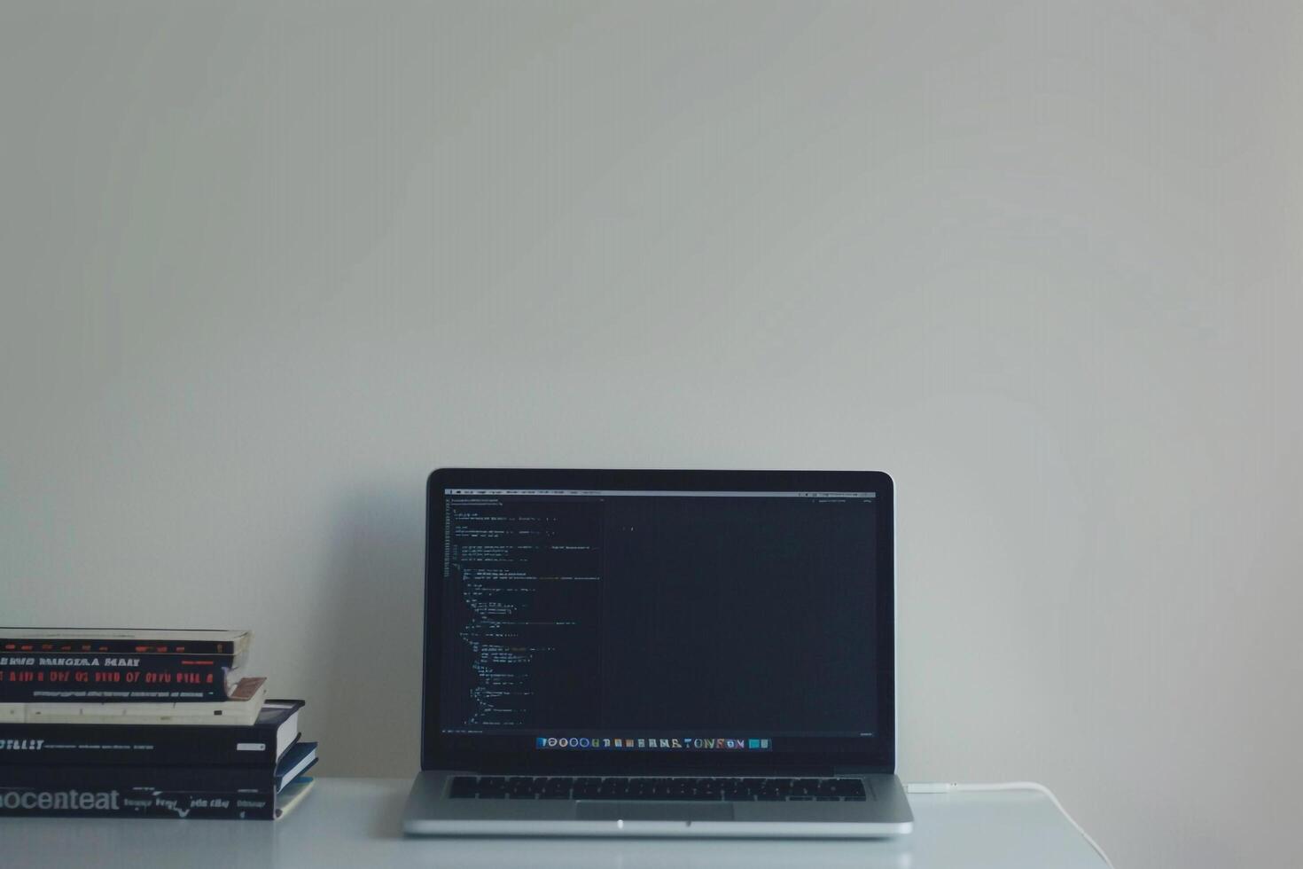 Laptop Mockup with Coding Books on Desk    and  Workspace Background photo
