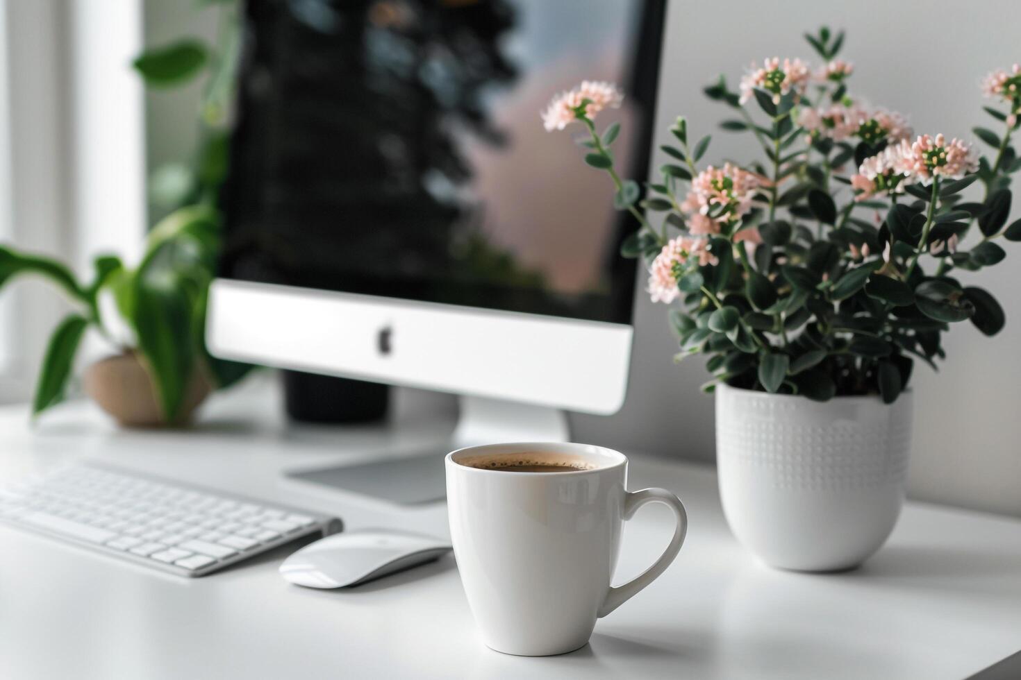 Computer Mockup on White Desk with Coffee Cup    and  Background photo