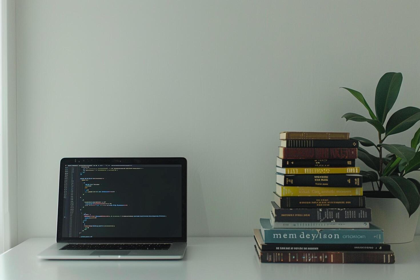 Laptop Mockup with Coding Books on Desk   Stylish and Productive Workspace Background photo