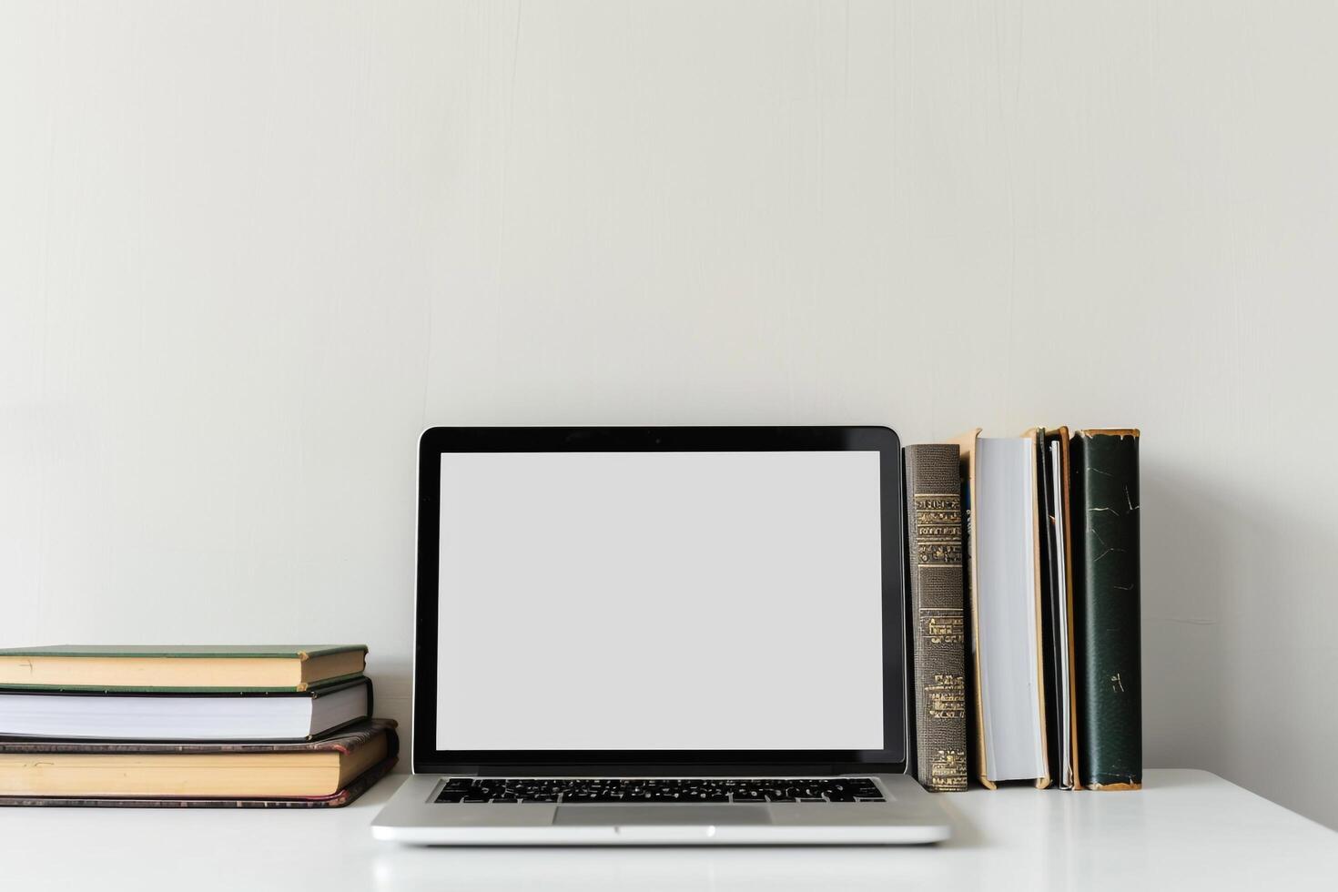 Laptop Mockup with Coding Books on Desk    and Effective Workspace Background photo