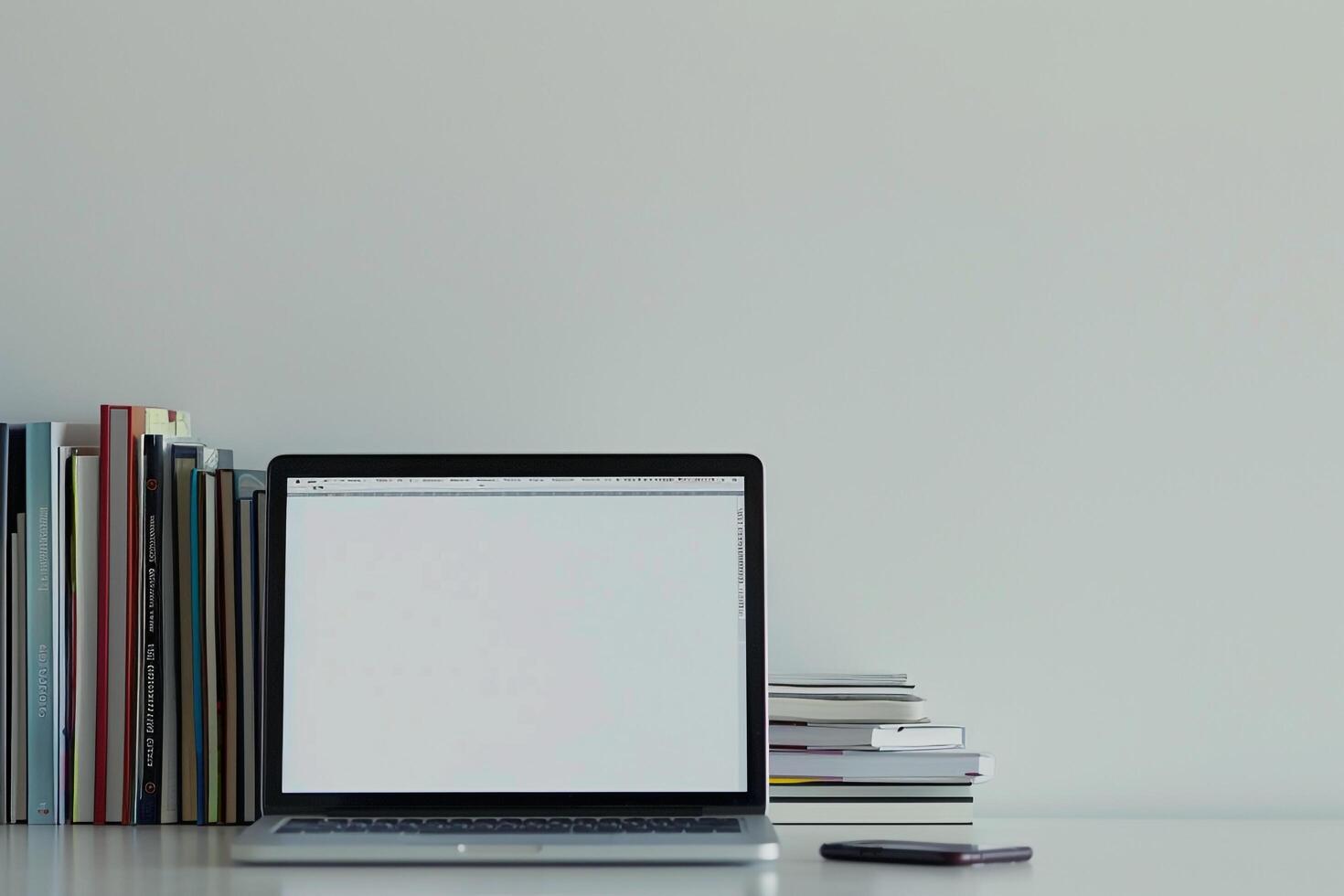 Laptop Mockup with Coding Books ly Stacked on Desk Background photo