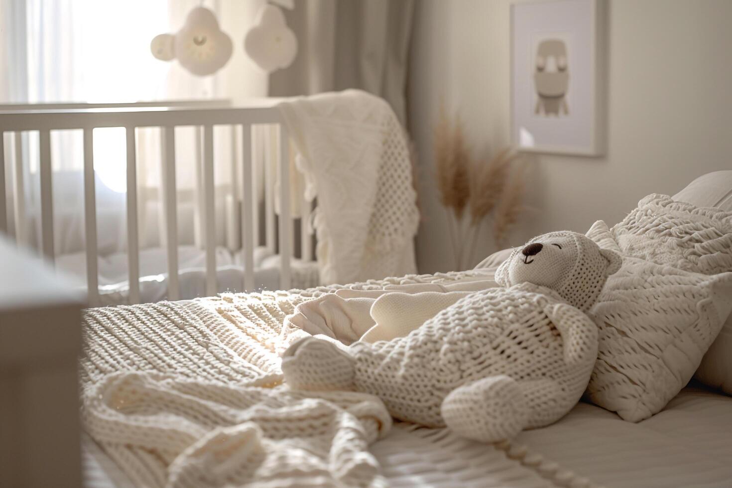 Baby in a nursery with artistic lines and patterns photo