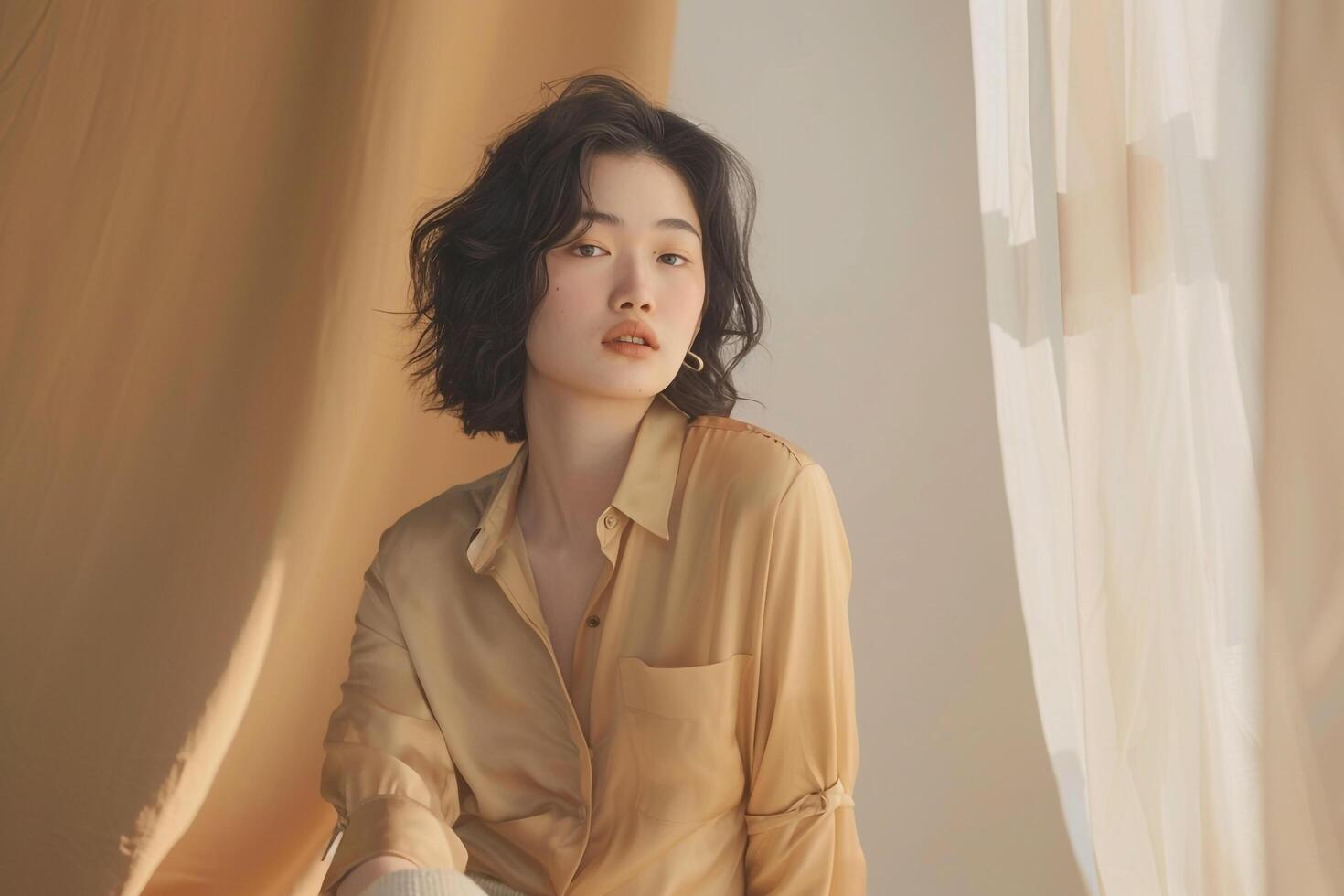 Model in a refined desktop setup outfit with beige background photo
