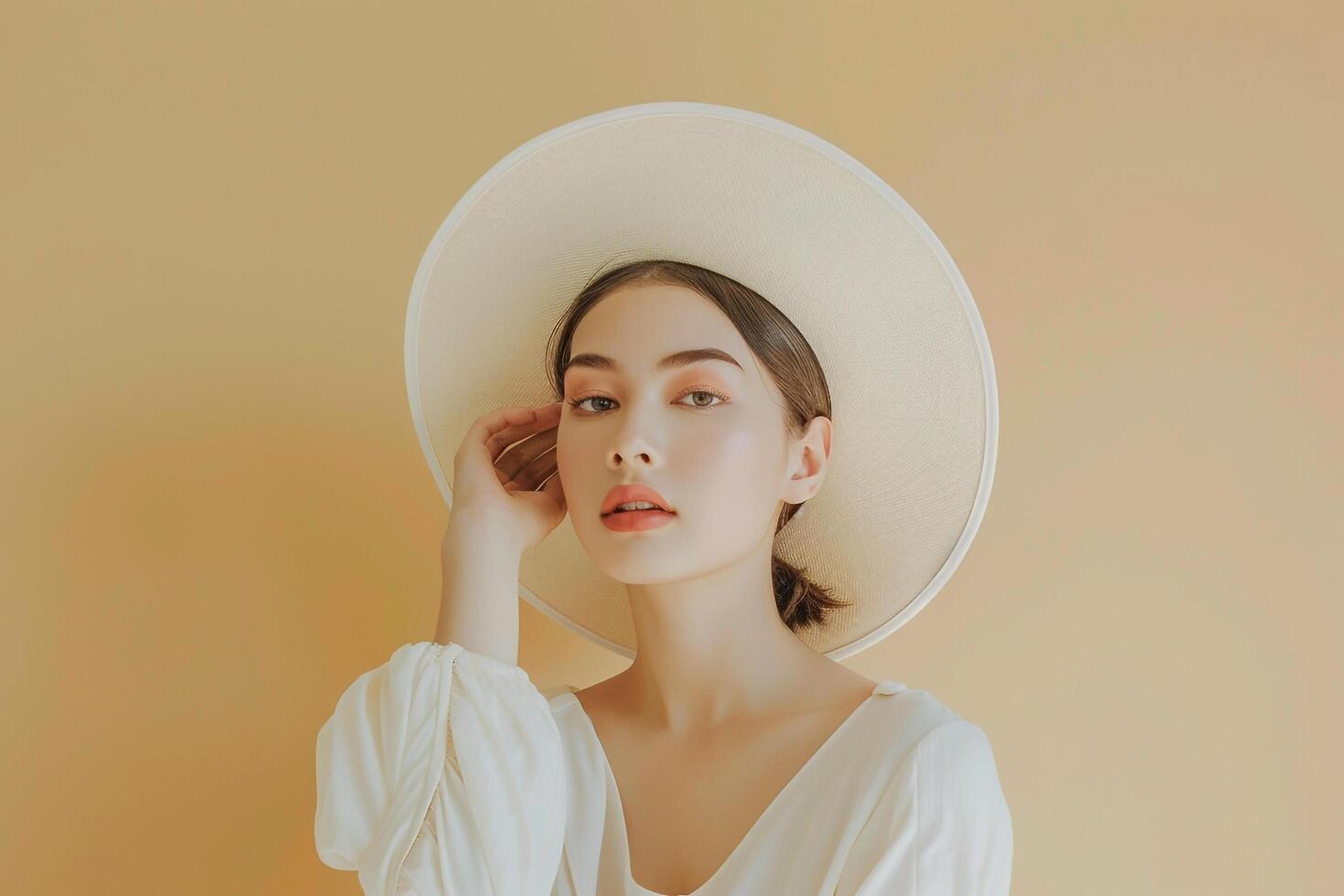 Model in a refined desktop setup outfit featuring a beige background photo
