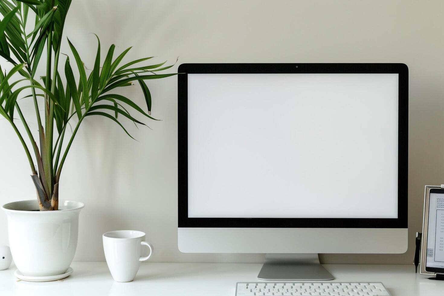 Computer mockup featuring white desk and plant with  Background photo