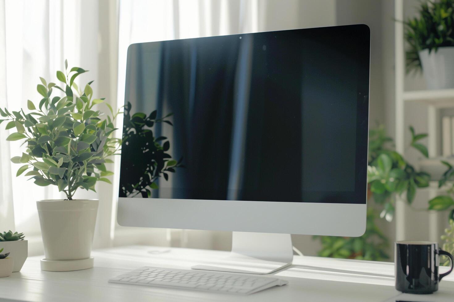 Computer mockup on a white desk with a plant and  background photo