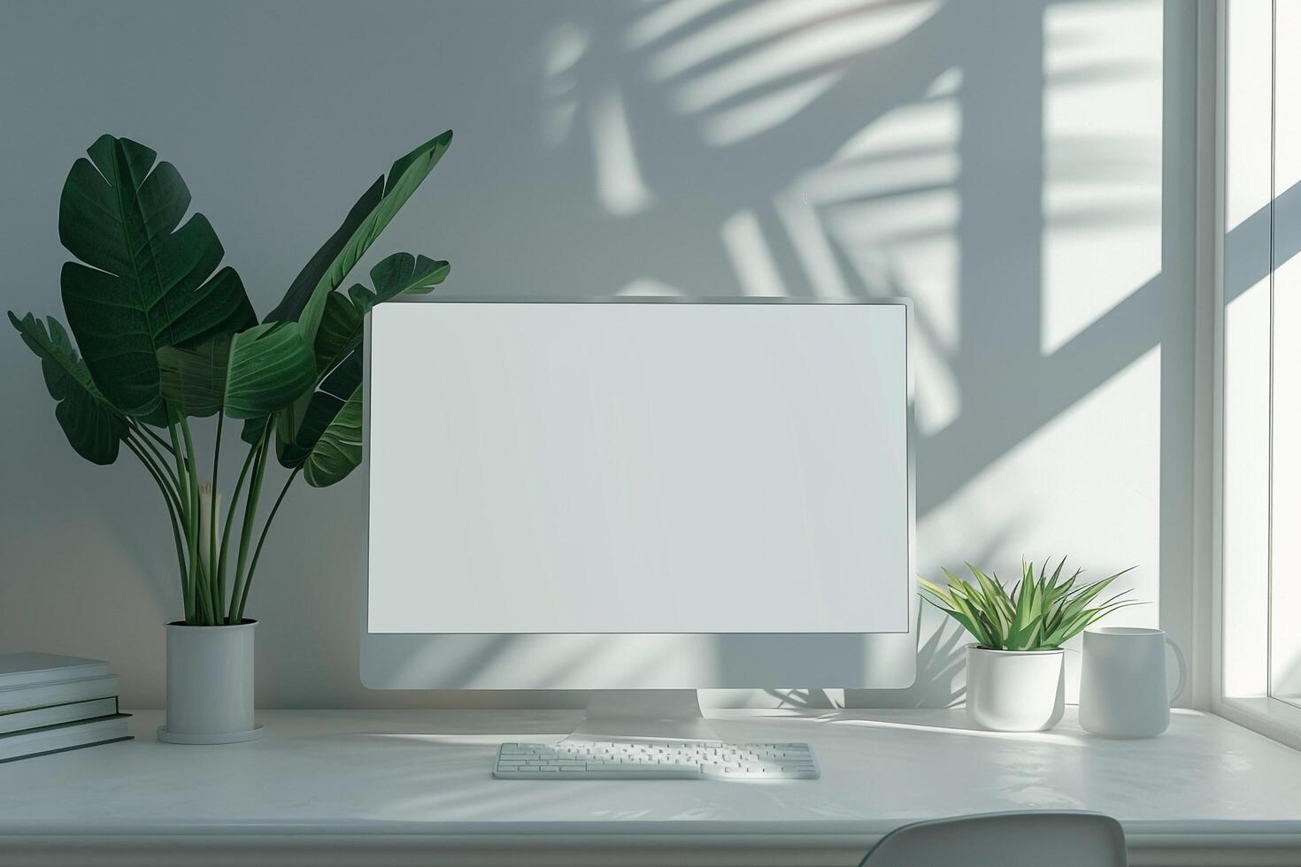 Computer mockup on a white desk with plant for a  office setup photo