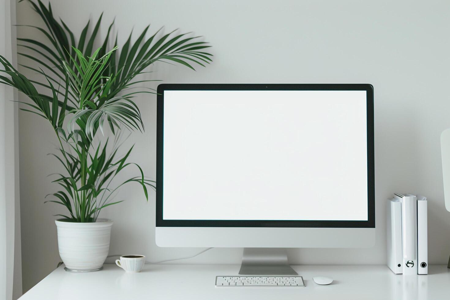 Computer mockup featuring a white desk and plant in a ist setup photo