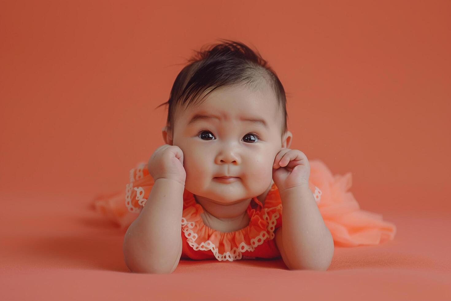 Baby with a coral background for a  and cheerful atmosphere photo