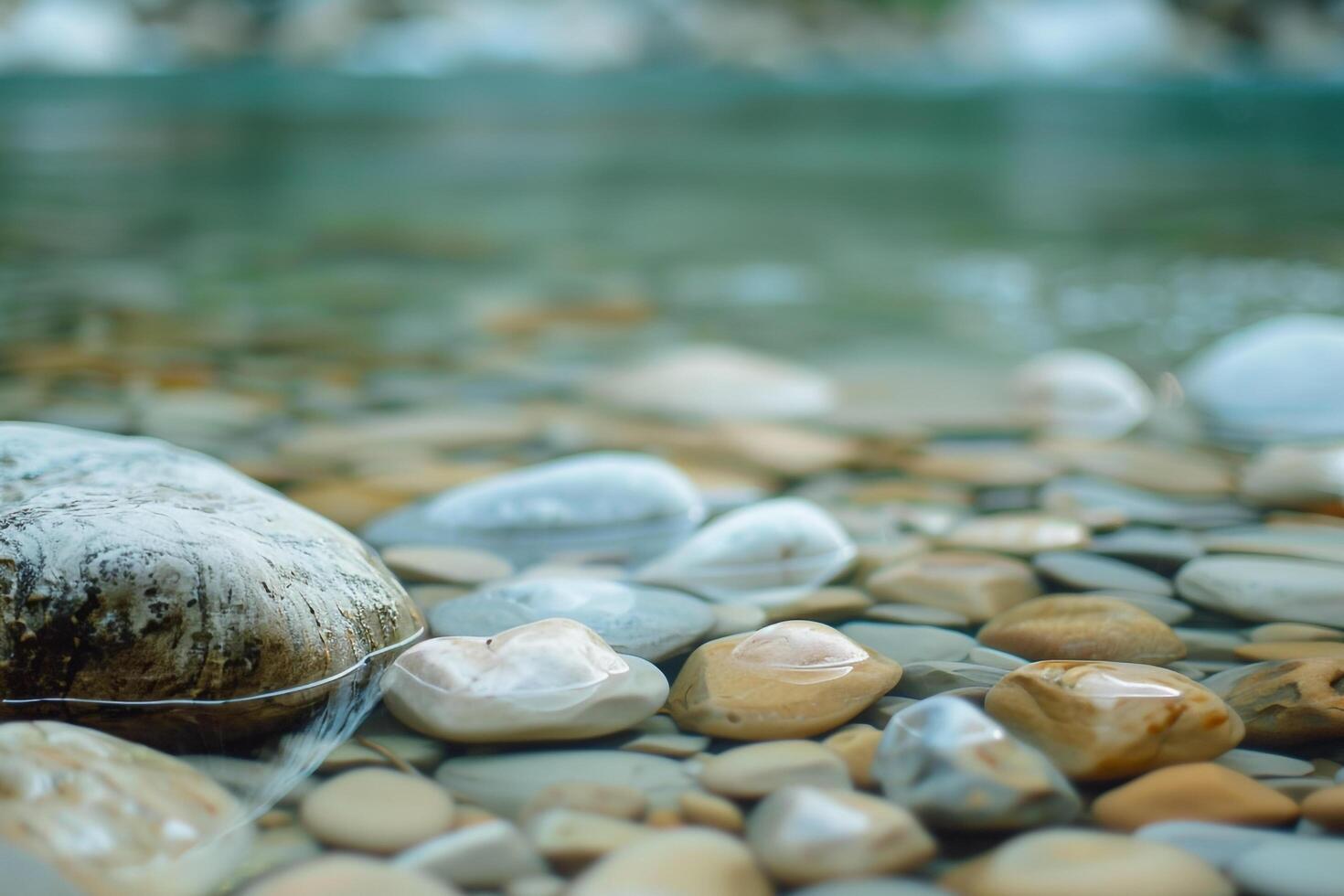 Smooth pebble textures on a riverbed with flowing water photo