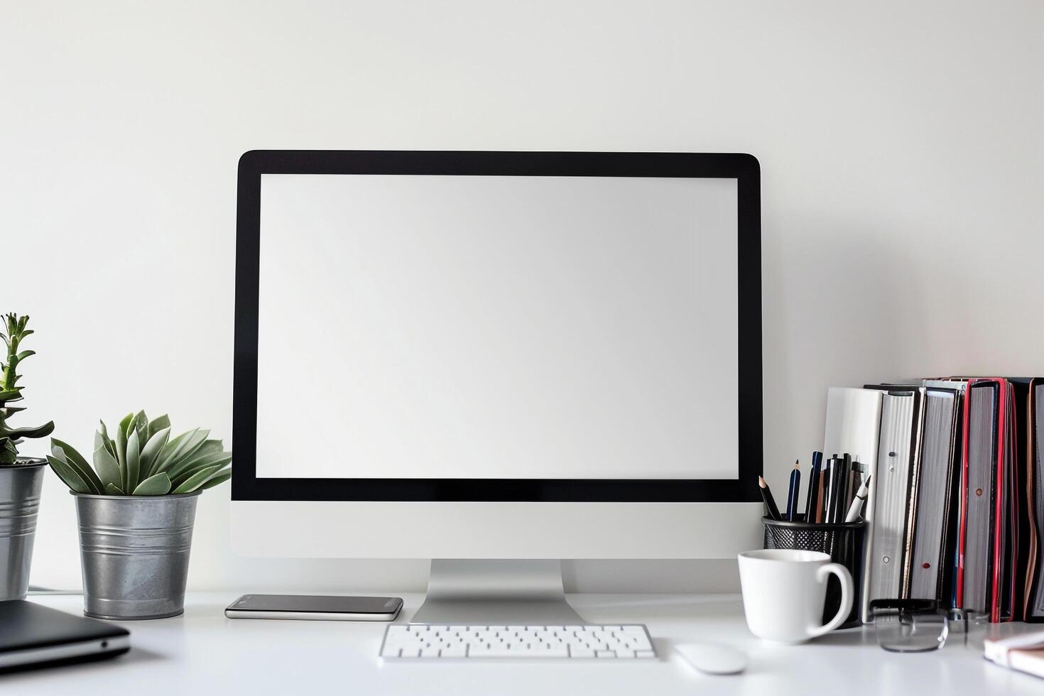 Research Computer Mockup Background with books on white desk photo