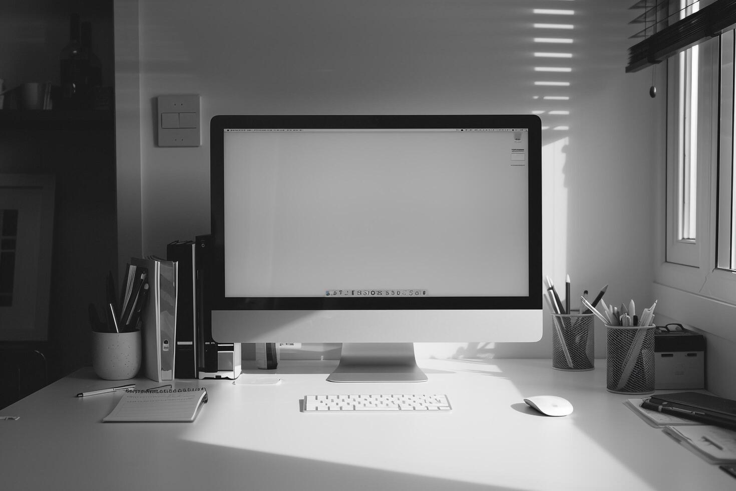 Research ed Computer Mockup Background with papers on white desk photo