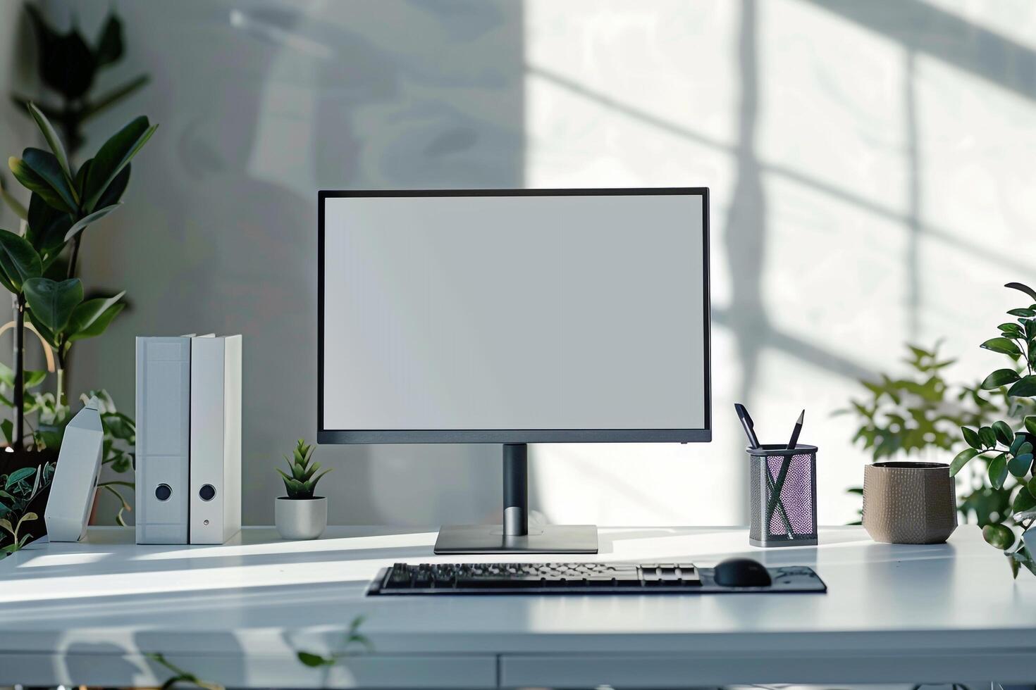 Academic Computer Mockup Background with research books on white desk photo
