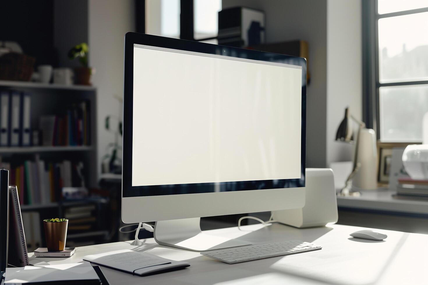 Research Computer Mockup Background on white desk with papers photo