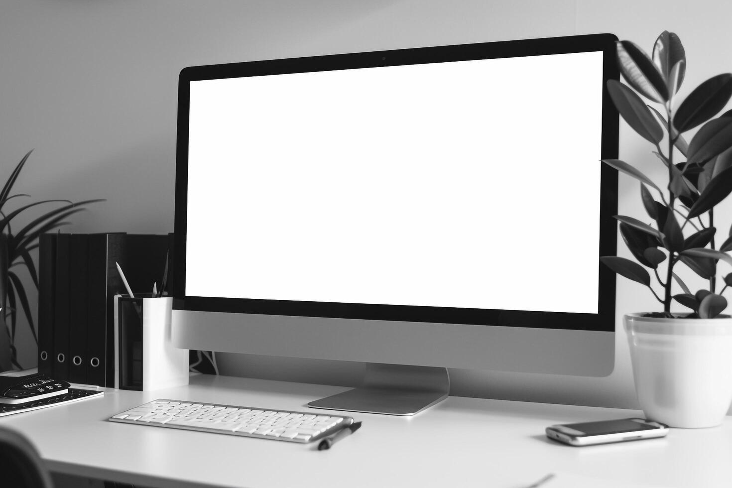 Inquisitive Computer Mockup Background with research papers on white desk photo