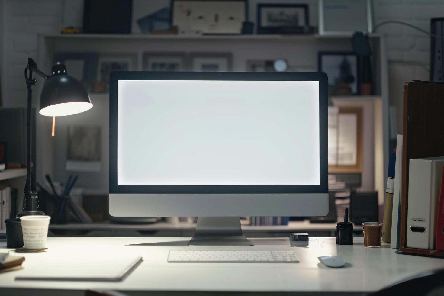 Research Computer Mockup Background with papers on  white desk photo