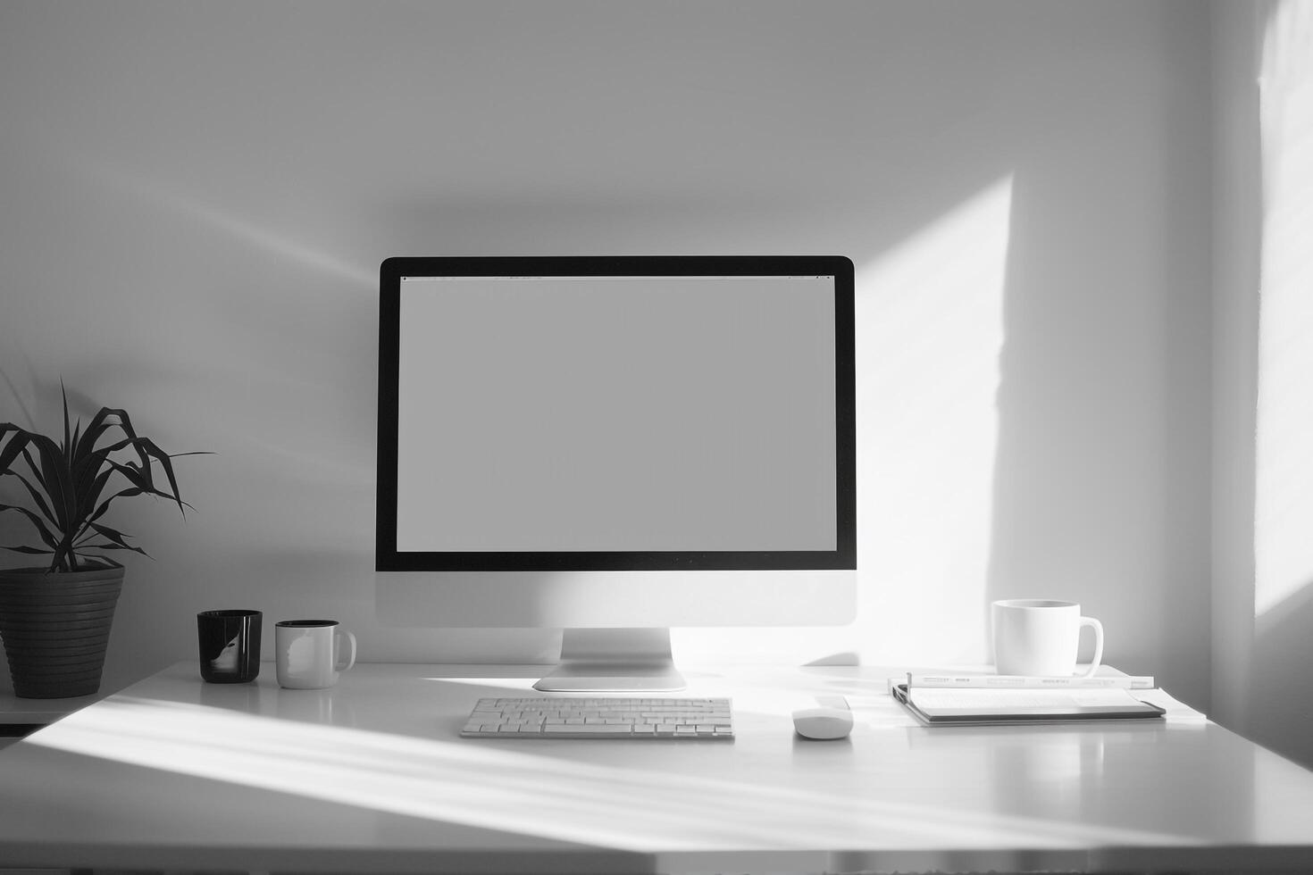 Computer Mockup Background on white desk with research papers photo
