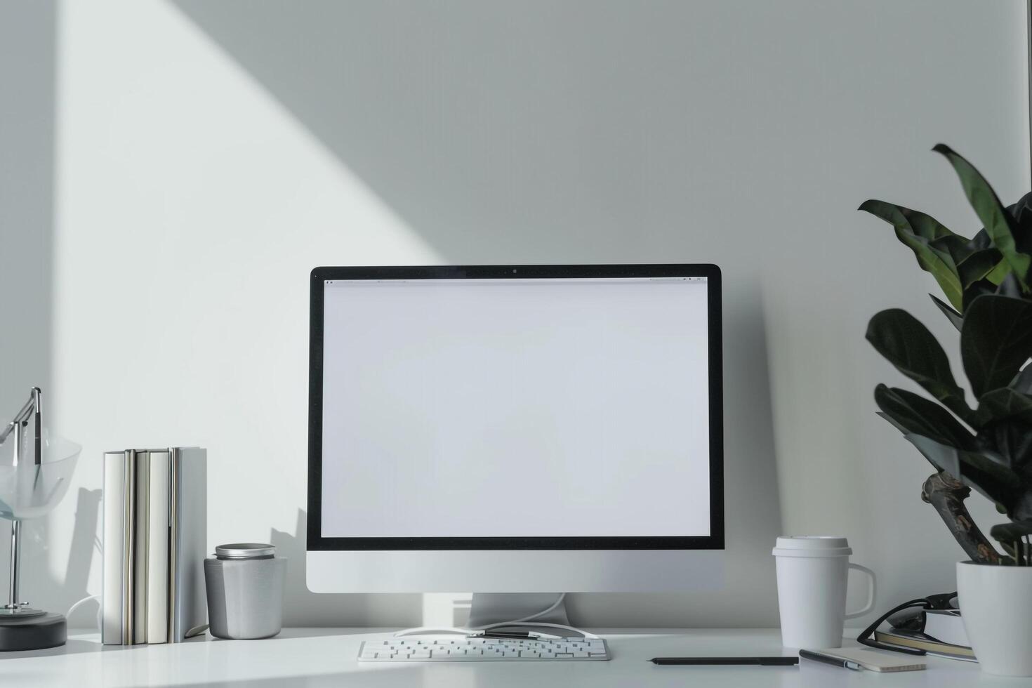 Computer Mockup Background with books on white desk for research photo