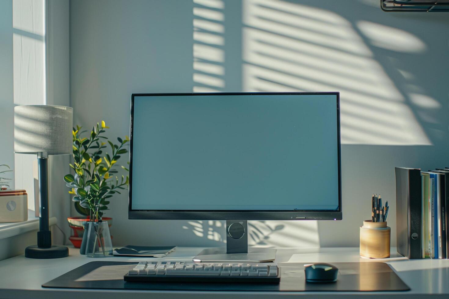 Academic Computer Mockup Background with research books on white desk photo