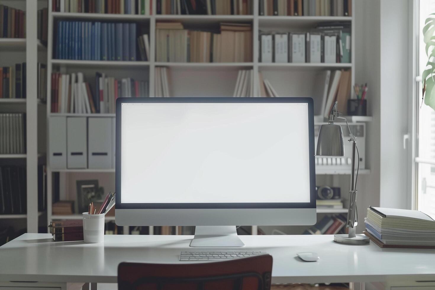 Study Computer Mockup Background with books on white desk photo
