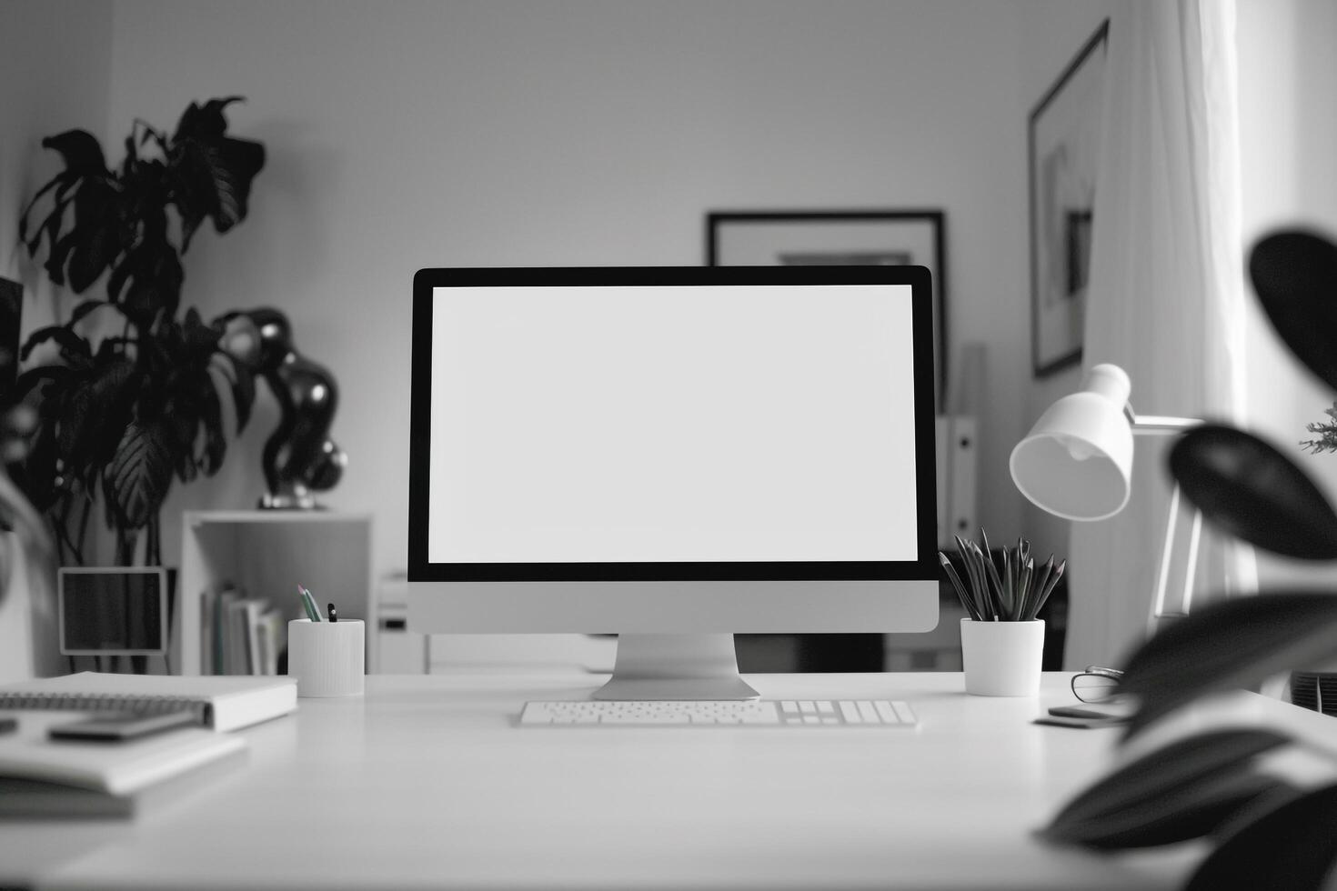 Computer Mockup Background on a White Desk with Papers photo