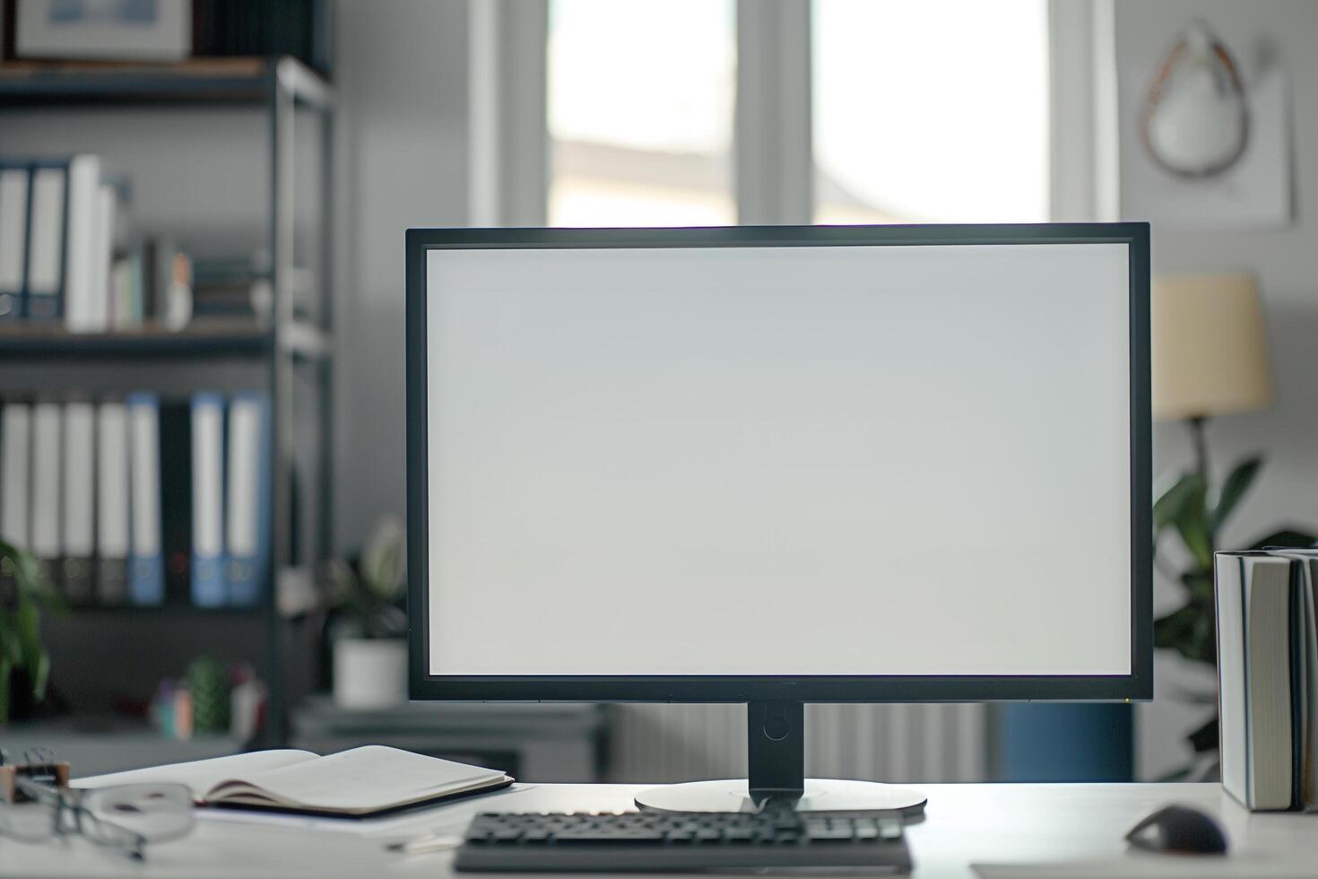 Computer Mockup Background on white desk with research papers photo
