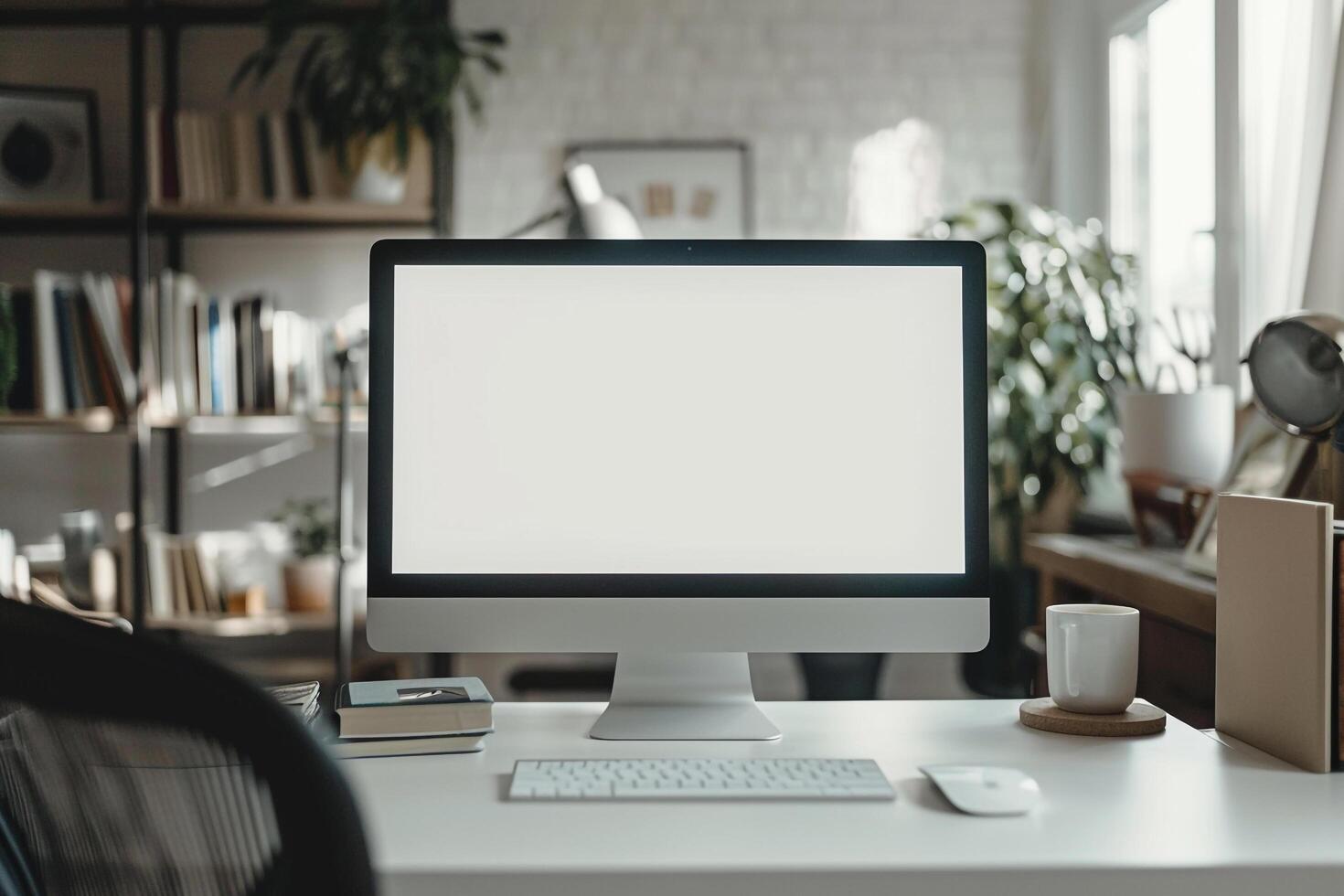 Research Computer Mockup Background with books on  white desk photo