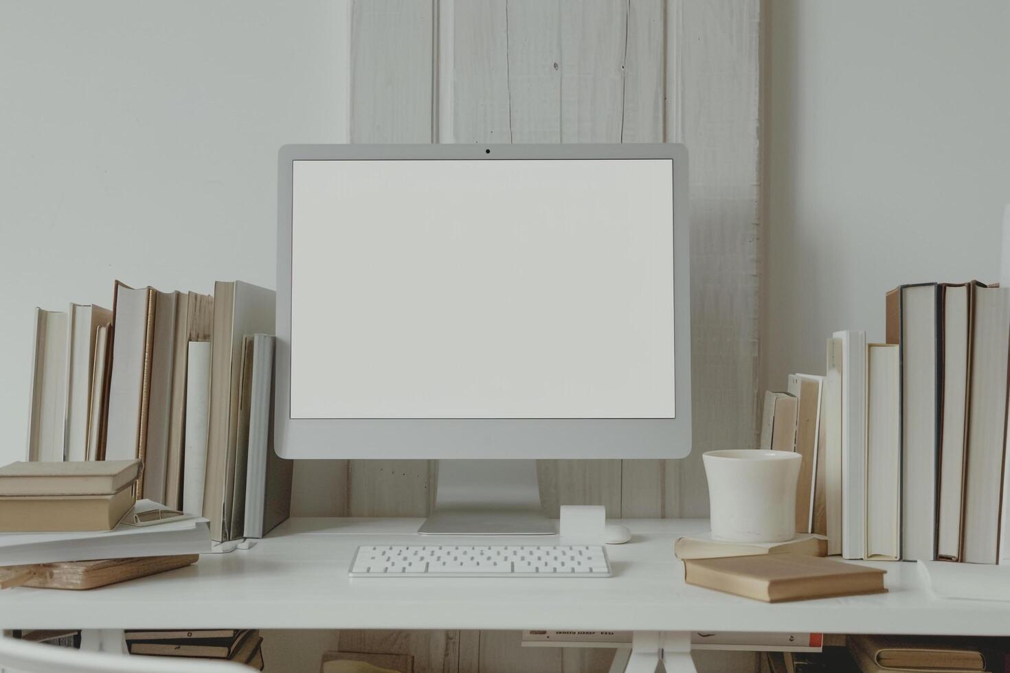 Computer Mockup Background on a White Desk with Books photo