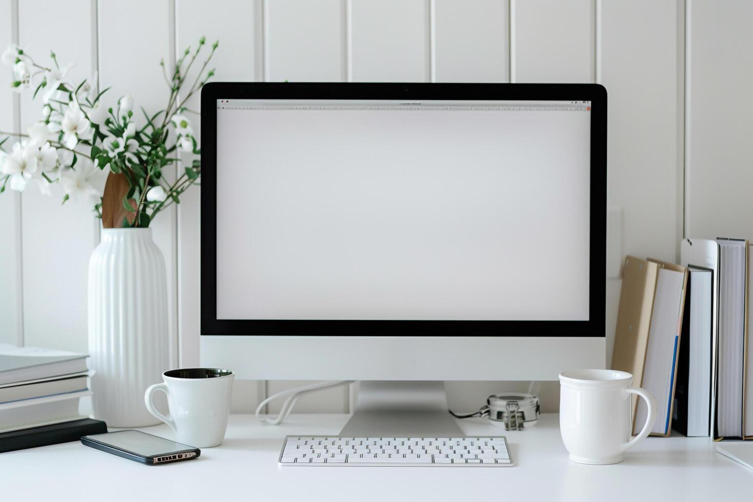 Computer Mockup Background on a White Desk with Books photo