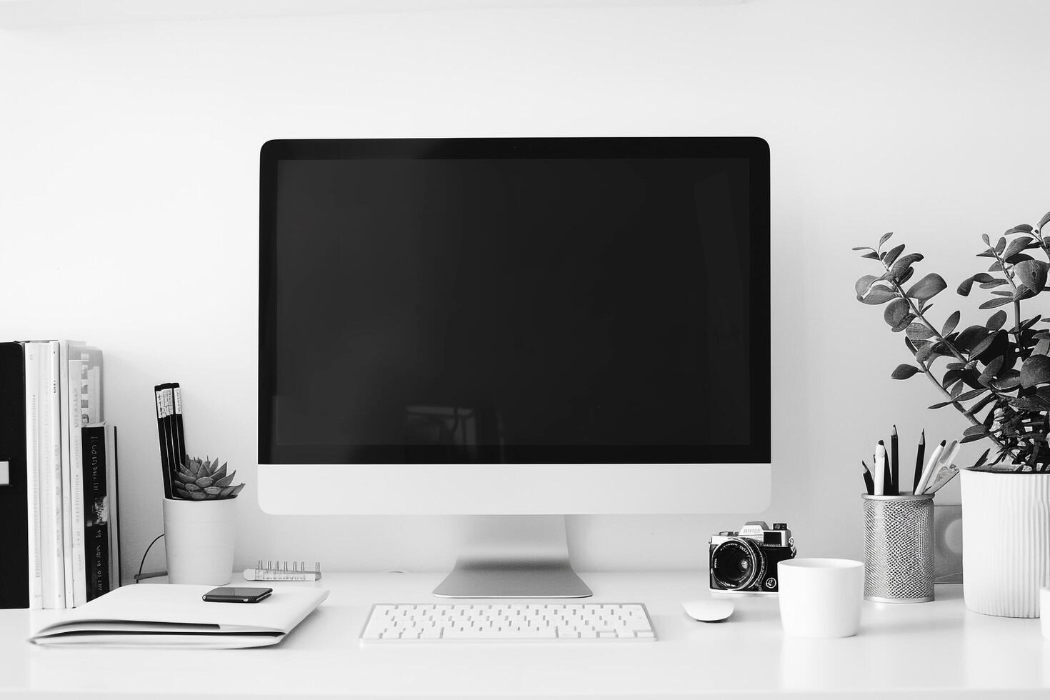 Computer Mockup Background on a White Desk with Papers photo