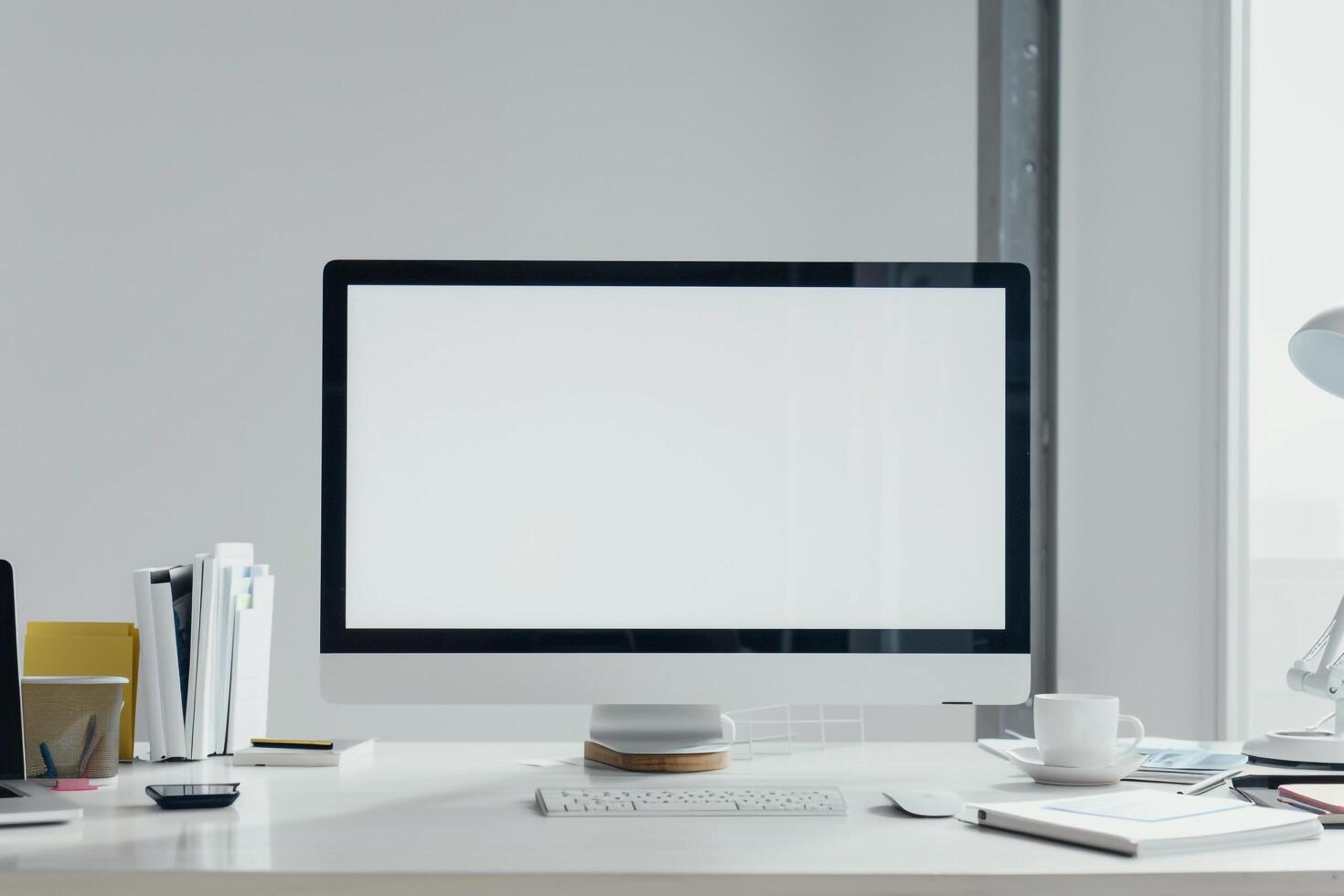 Computer Mockup Background on a White Desk with Papers photo