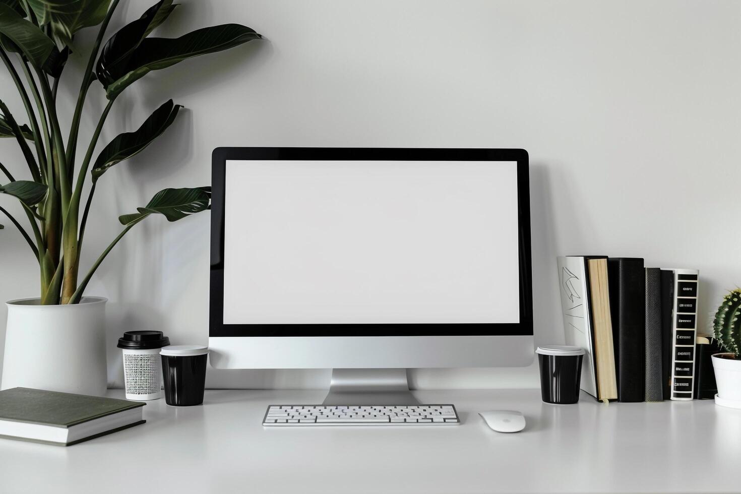 Computer Mockup Background on a White Desk with Books photo