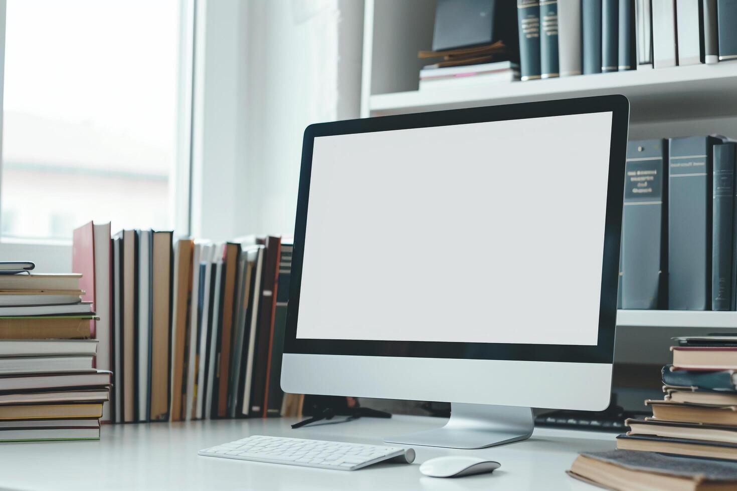 Computer Mockup Background on a White Desk with Books photo