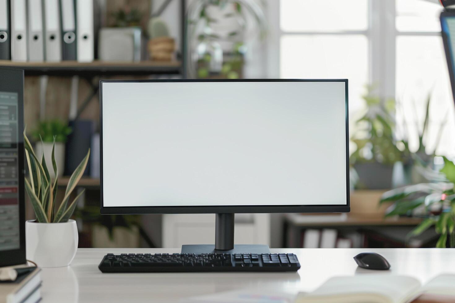 Computer Mockup Background on a White Desk with Books photo