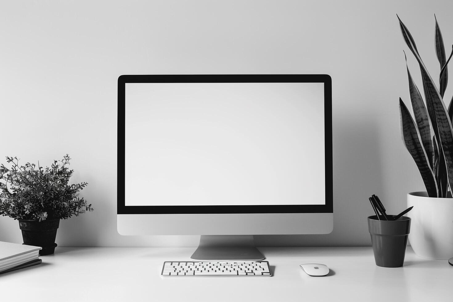 Computer Mockup Background on a White Desk with Papers photo