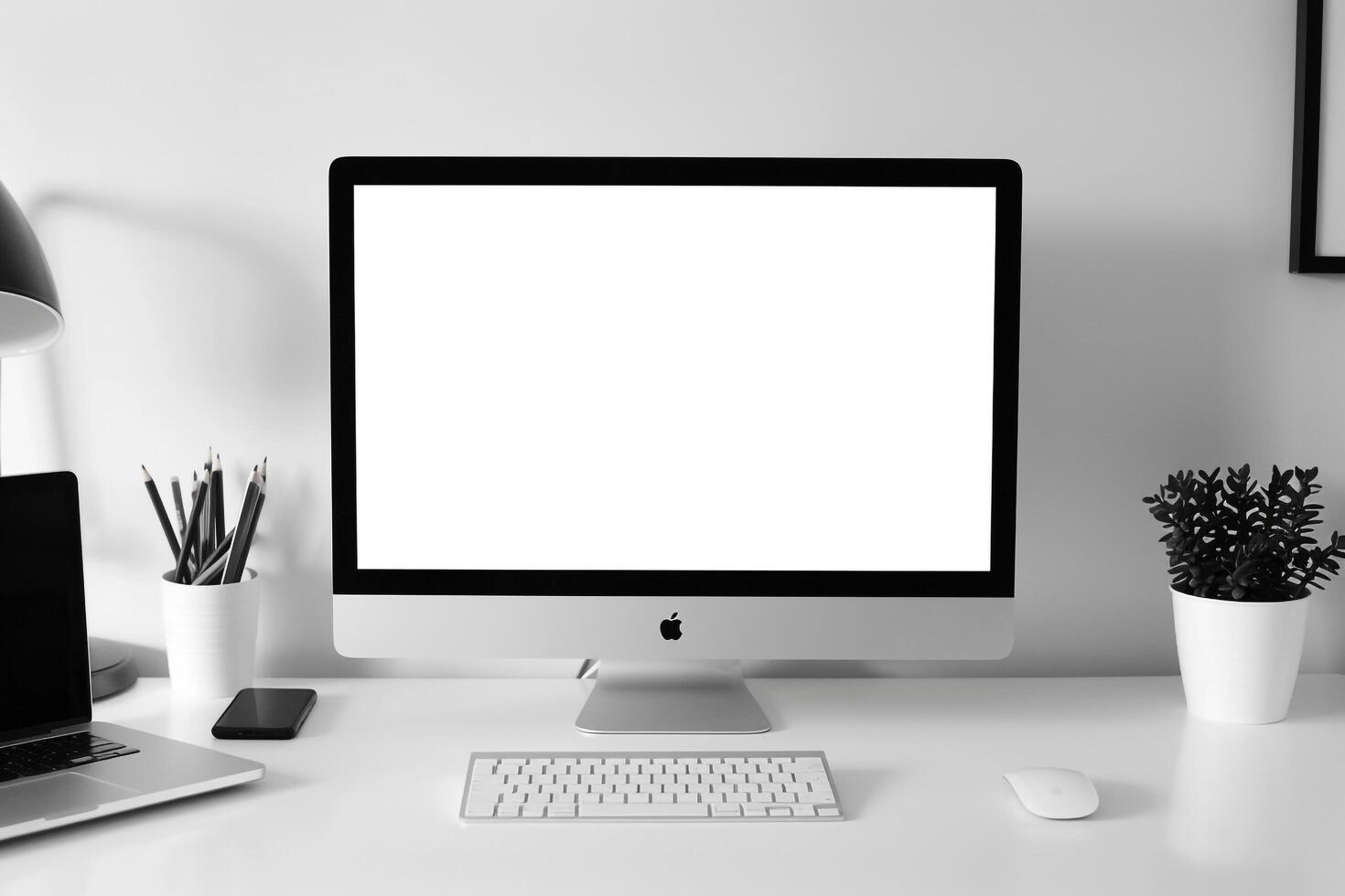 Computer Mockup Background on a White Desk with Papers photo