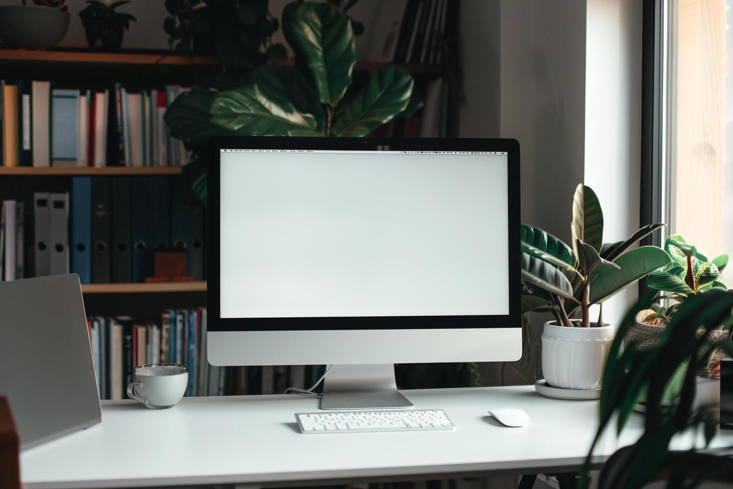 Computer Mockup Background on a White Desk with Books photo