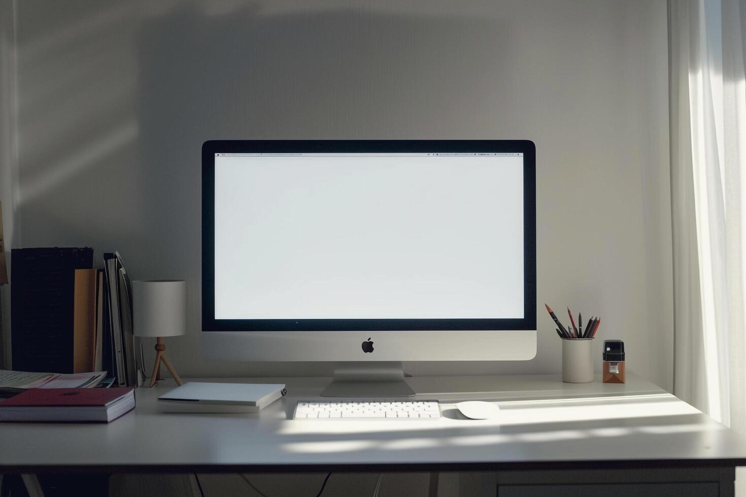 Computer Mockup Background on a White Desk with Papers photo