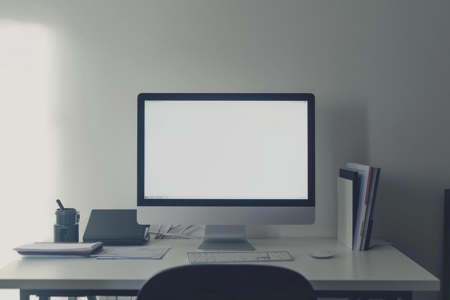 Computer Mockup Background on a White Desk with Research Papers Nearby Inquisitive Computer Background photo