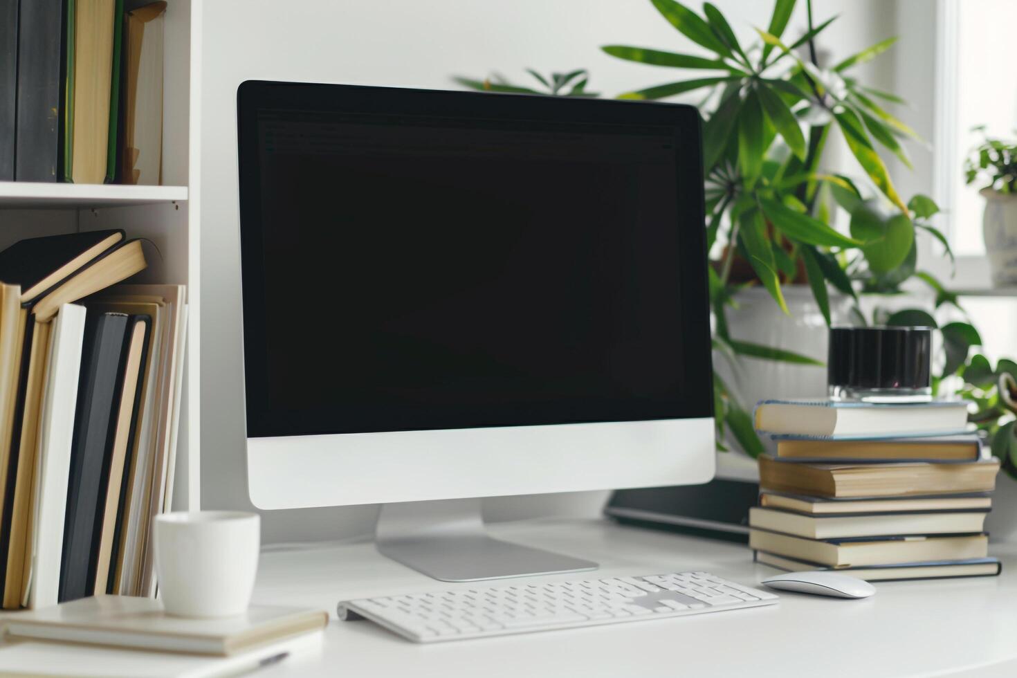 Computer Mockup Background on a White Desk with Books photo
