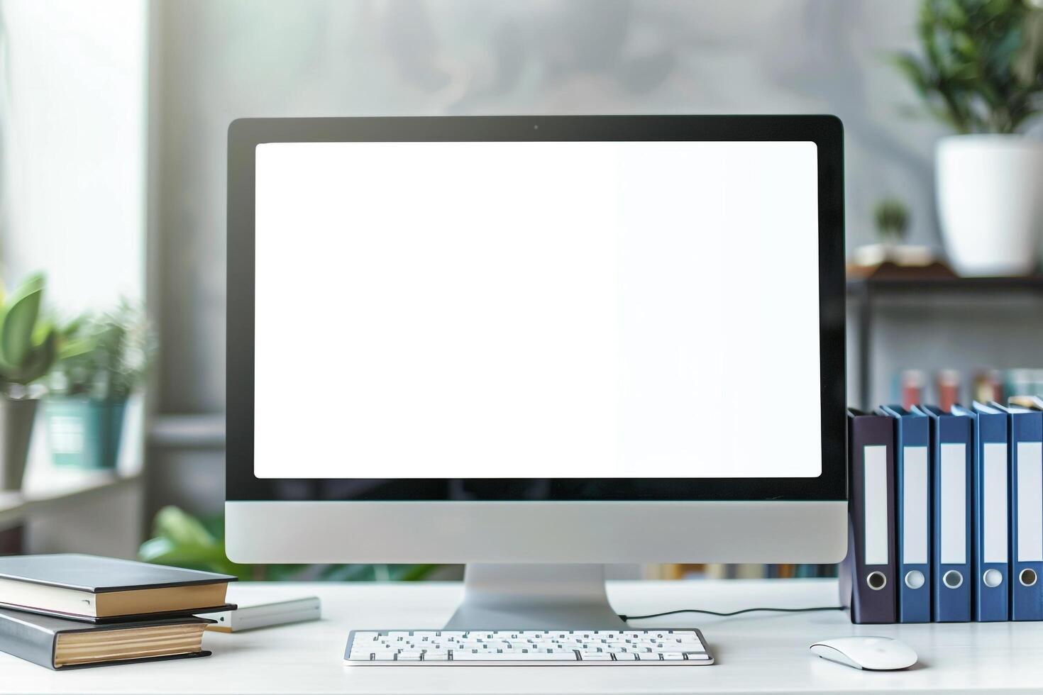 Computer Mockup Background on a White Desk with Books photo