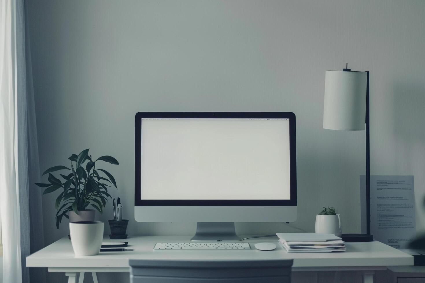 Computer Mockup Background on a White Desk with Research Papers Nearby Inquisitive Computer Background photo