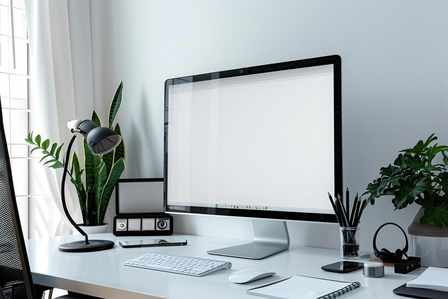 Computer Mockup Background on a White Desk with Research Papers Nearby Inquisitive Computer Background photo