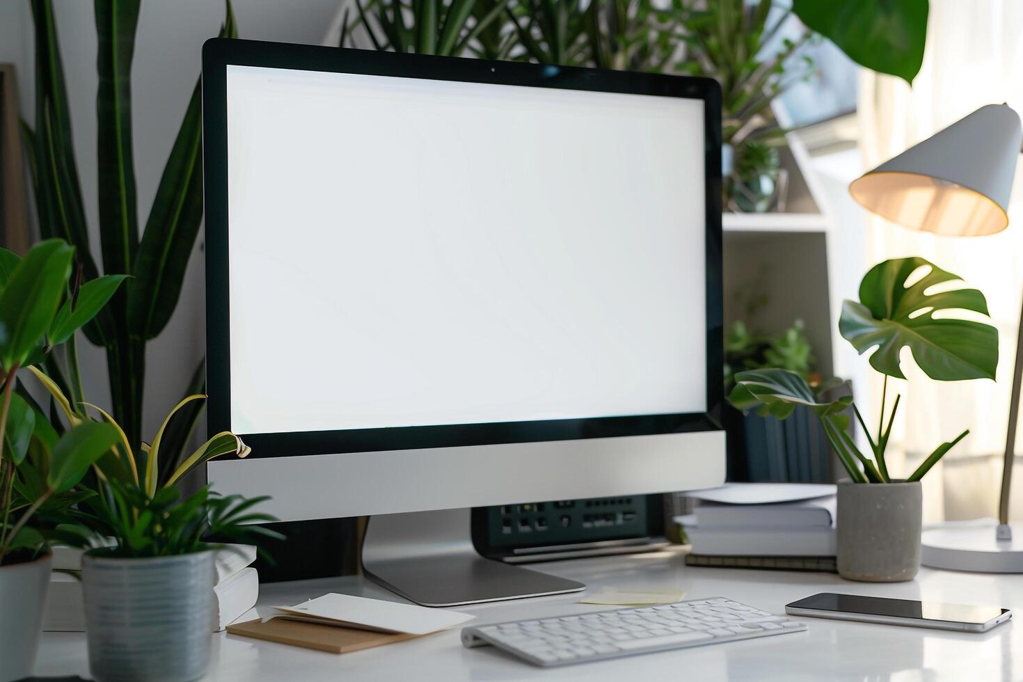 Computer Mockup Background on a White Desk with Study Materials Nearby Concentrated Computer Background photo
